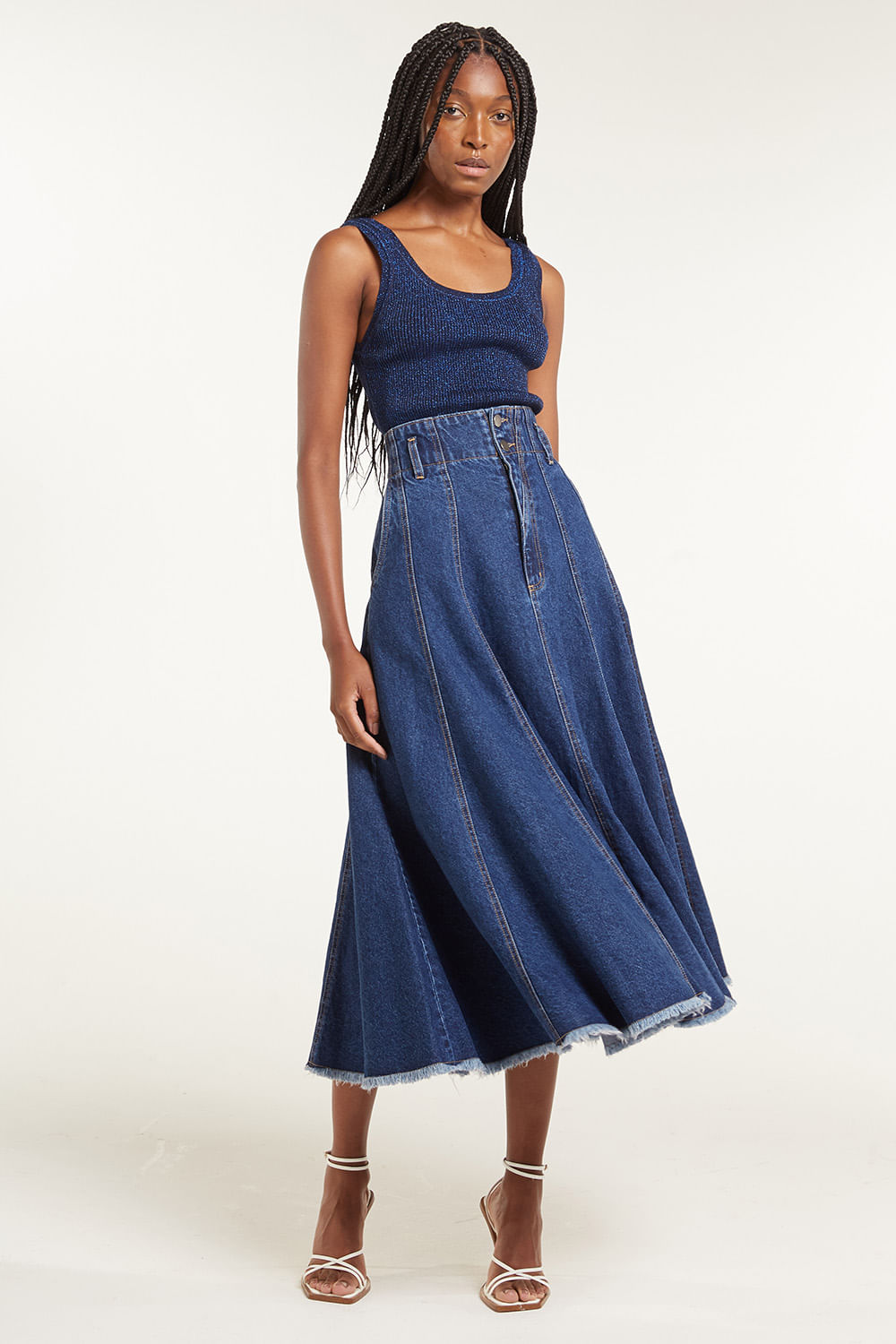 Saia jeans recortes verticais azul escuro Cori Cori