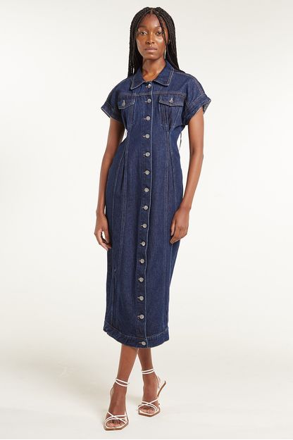 Vestido midi pregas denim
