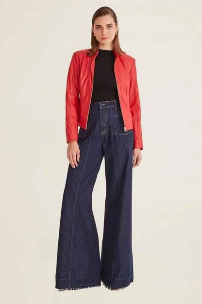 Calça jeans wide recorte bolso azul médio