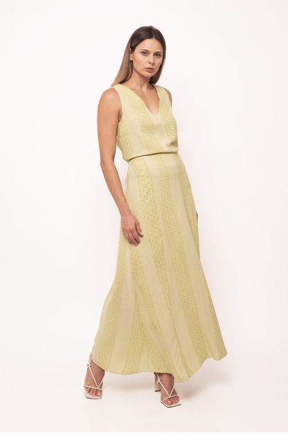Saia longa recortes em laise bordado limone