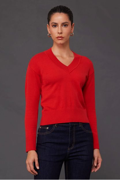 Blusa box decote v em tricot vermelha