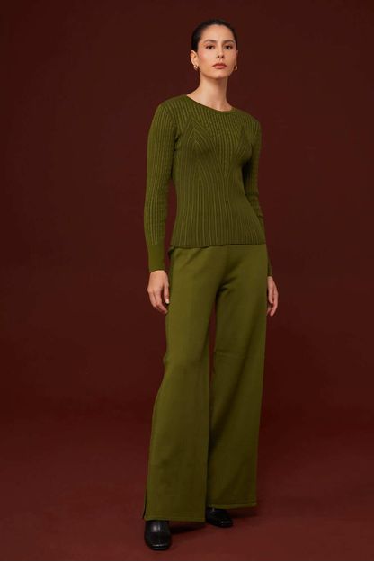 Calça reta fenda em tricot verde