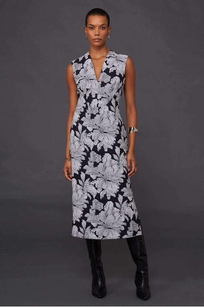 Vestido midi em jacquard fiori preto