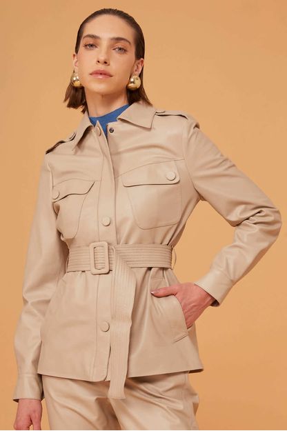 Parka lapelas em couro bege