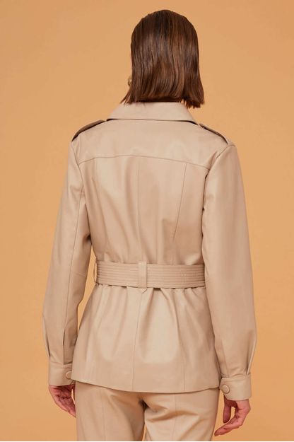Parka lapelas em couro bege