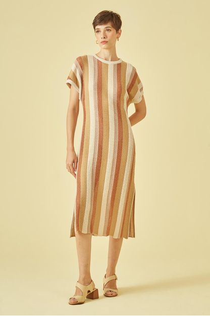 Vestido kaftan listras mix tricot bege