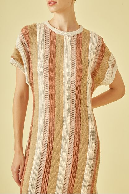 Vestido kaftan listras mix tricot bege