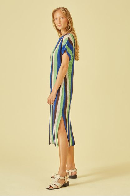 Vestido kaftan listras mix tricot azul
