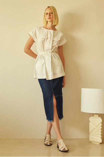 Saia midi patchwork em denim