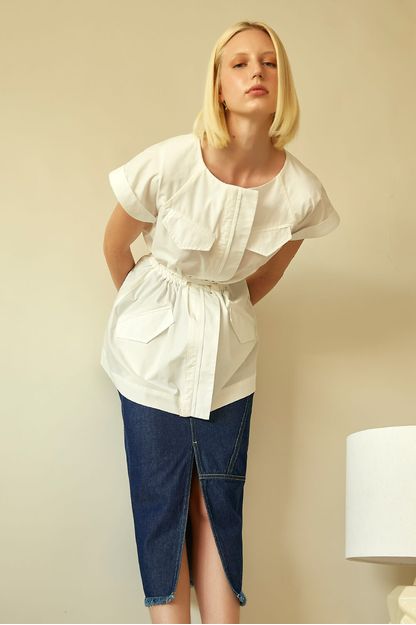 Saia midi patchwork em denim
