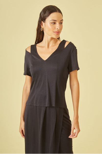 Blusa decote v aberturas em jersey preta