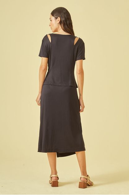 Blusa decote v aberturas em jersey preta