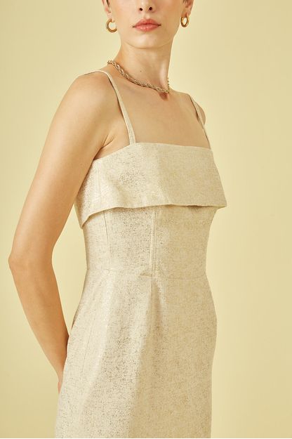 Vestido midi com alças finas e foil