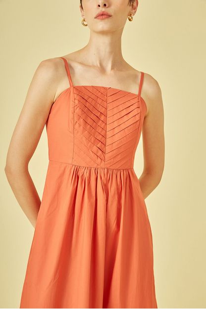 Vestido midi com pregas em tricoline ferrugem