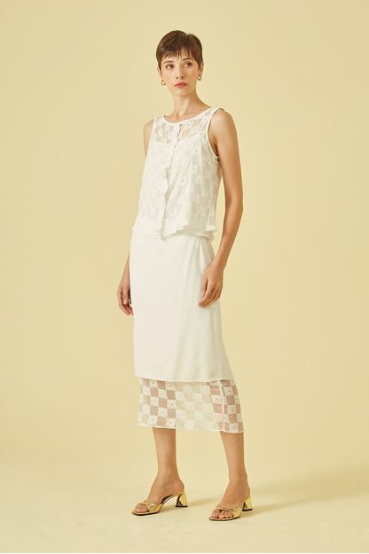Saia midi em crepe com chiffon damas off white
