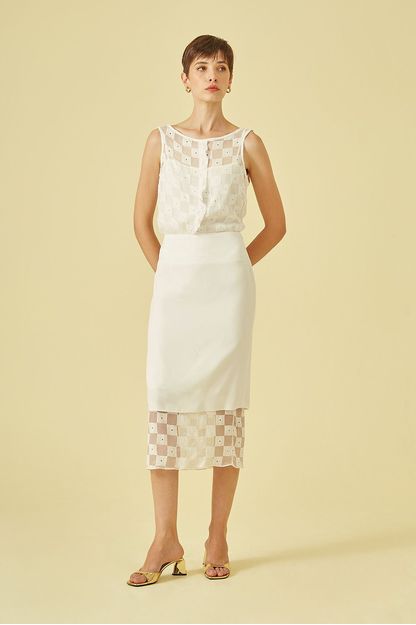 Saia midi em crepe com chiffon damas off white