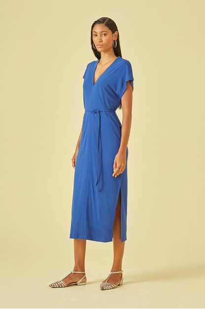 Vestido midi gola v com amarração azul