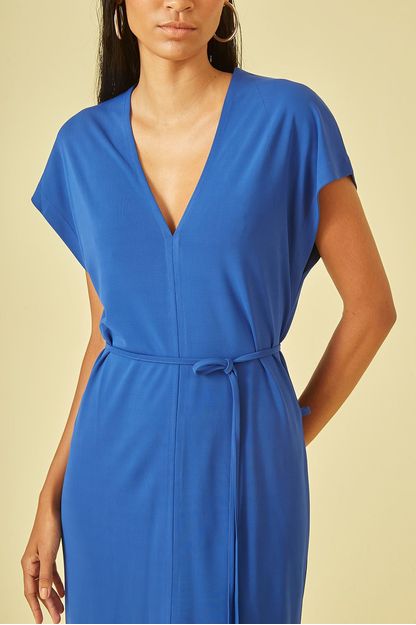 Vestido midi gola v com amarração azul