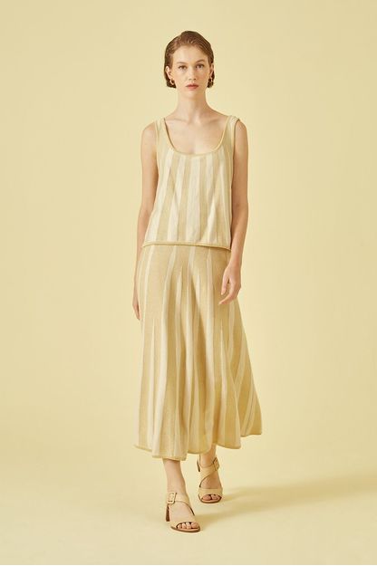 Saia cós elástico tricot raias em lurex ouro