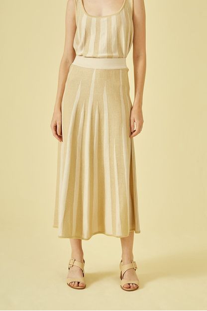 Saia cós elástico tricot raias em lurex ouro