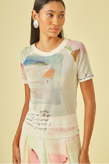 Blusa 2° pele em tule estampa poesia