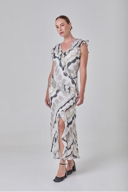 Vestido babados estampa ciclos cinza