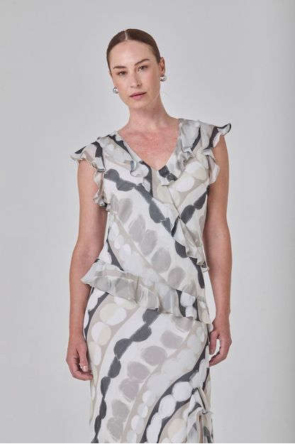 Vestido babados estampa ciclos cinza