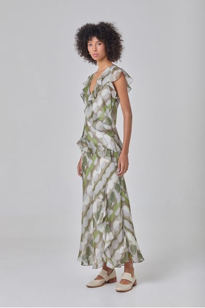 Vestido babados estampa ciclos verde