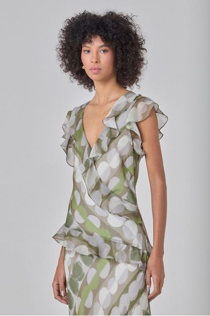 Vestido babados estampa ciclos verde