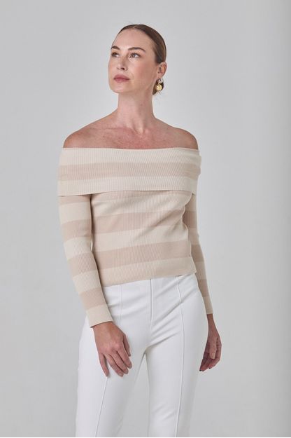 Blusa listrada ombro a ombro em tricot cru