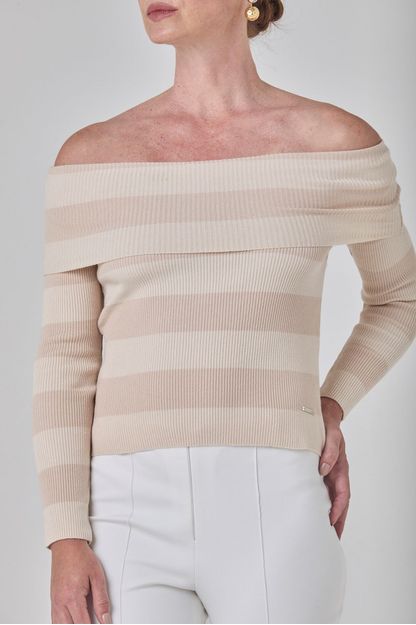 Blusa listrada ombro a ombro em tricot cru