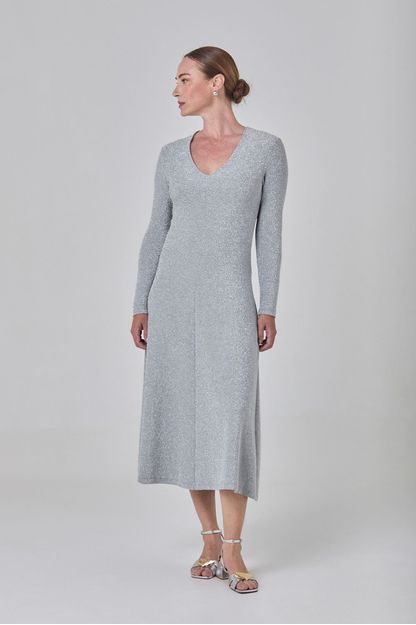Vestido manga longa em malha lurex prata