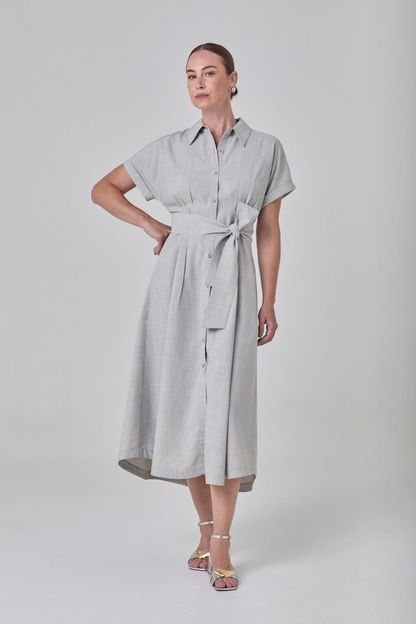 Vestido chemise pregas na cintura melange