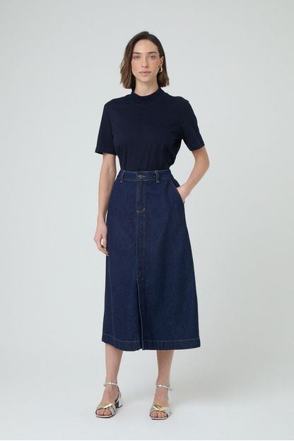 Saia midi em denim azul escuro