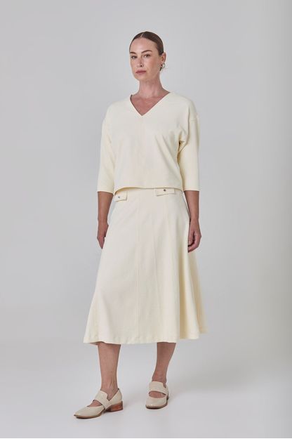 Saia midi recortes em malha bubble off white