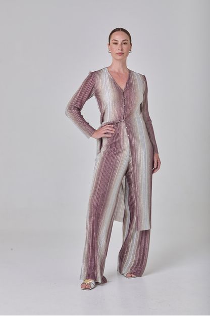 Calça pantalona plissada lurex