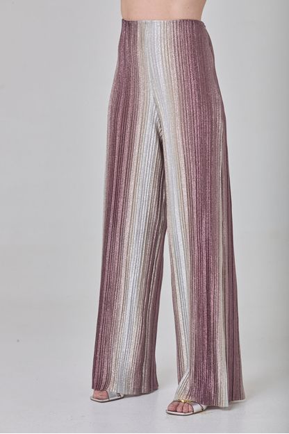 Calça pantalona plissada lurex