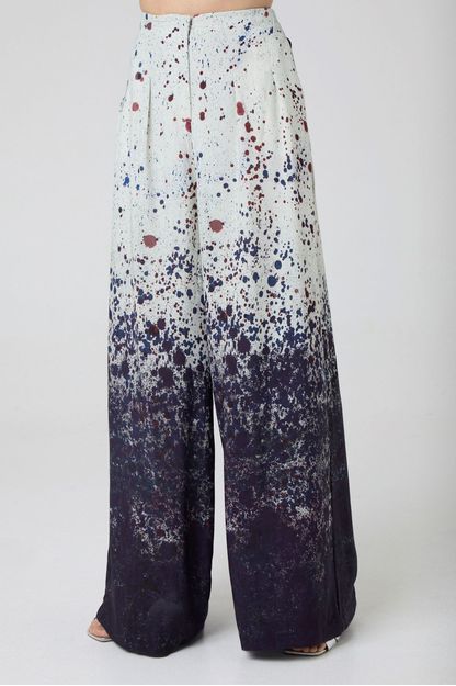 Calça pantalona com pregas estampa cosmos