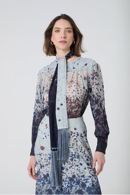 Maxi camisa com echarpe estampa cosmos