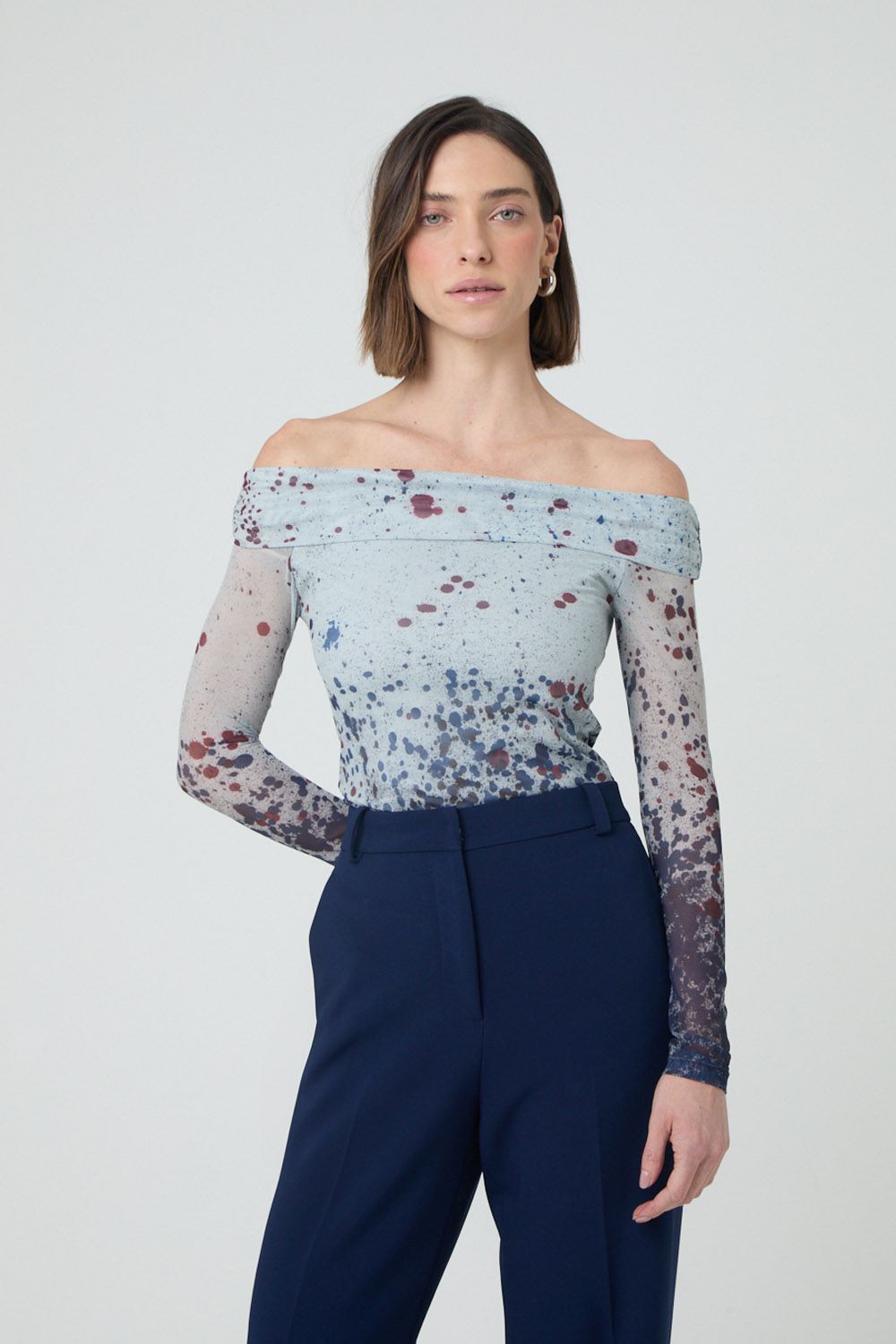 Blusa ombro a ombro em tule estampa cosmos Unica PP