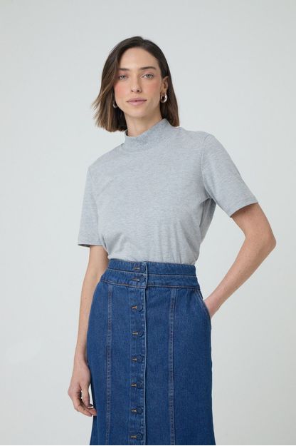 T-shirt gola alta em malha cinza mescla