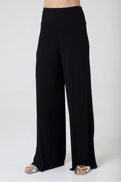Calça pantalona com pala em malha canelada preta