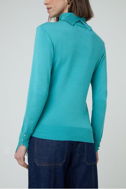 Blusa cacharrel gola alta com botões no punho turquesa