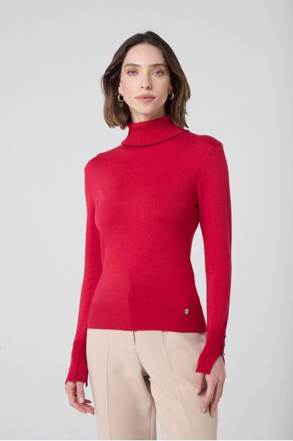 Blusa cacharrel gola alta com botões no punho vermelha