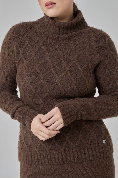 Blusa maxi pull gola alta em tricot aran marrom