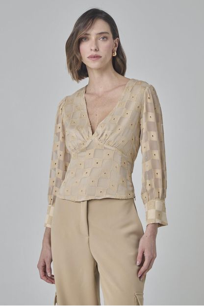 Blusa decote v em chiffon damas bege