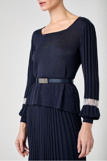 Blusa manga longa plissada listra lurex em tricot marinho