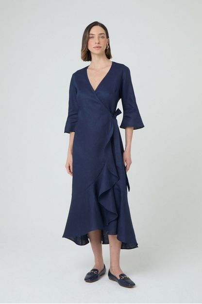 Vestido envelope com babado em linho marinho