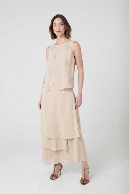 Saia midi 3 camadas em georgette areia
