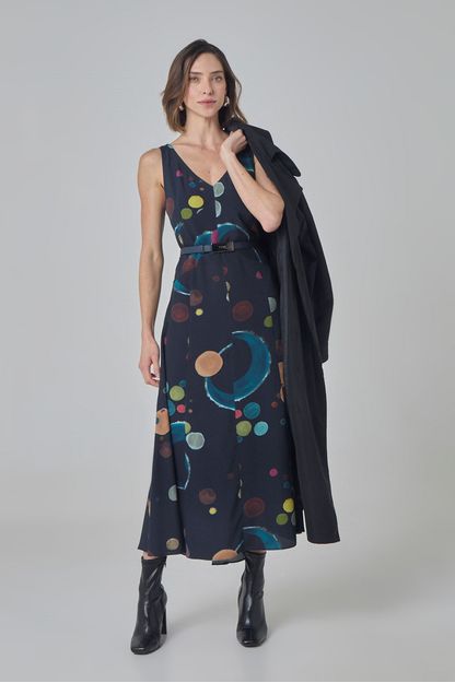 Vestido decote v recortes estampa eclipse
